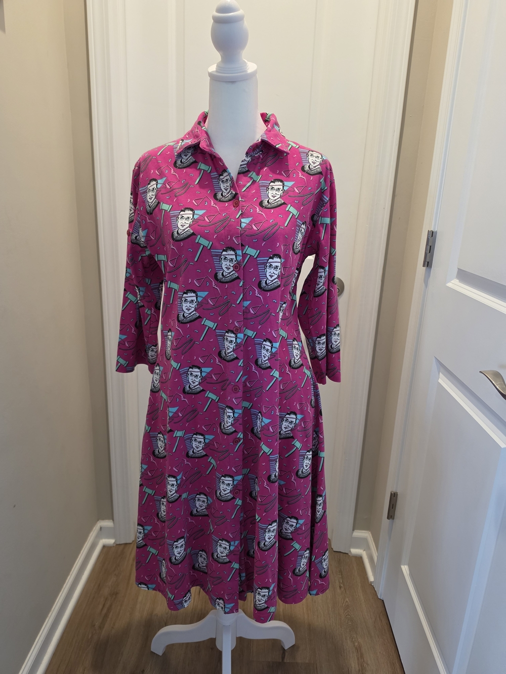 Bright Pink Collared Midi Dress with Playful Graphic Print